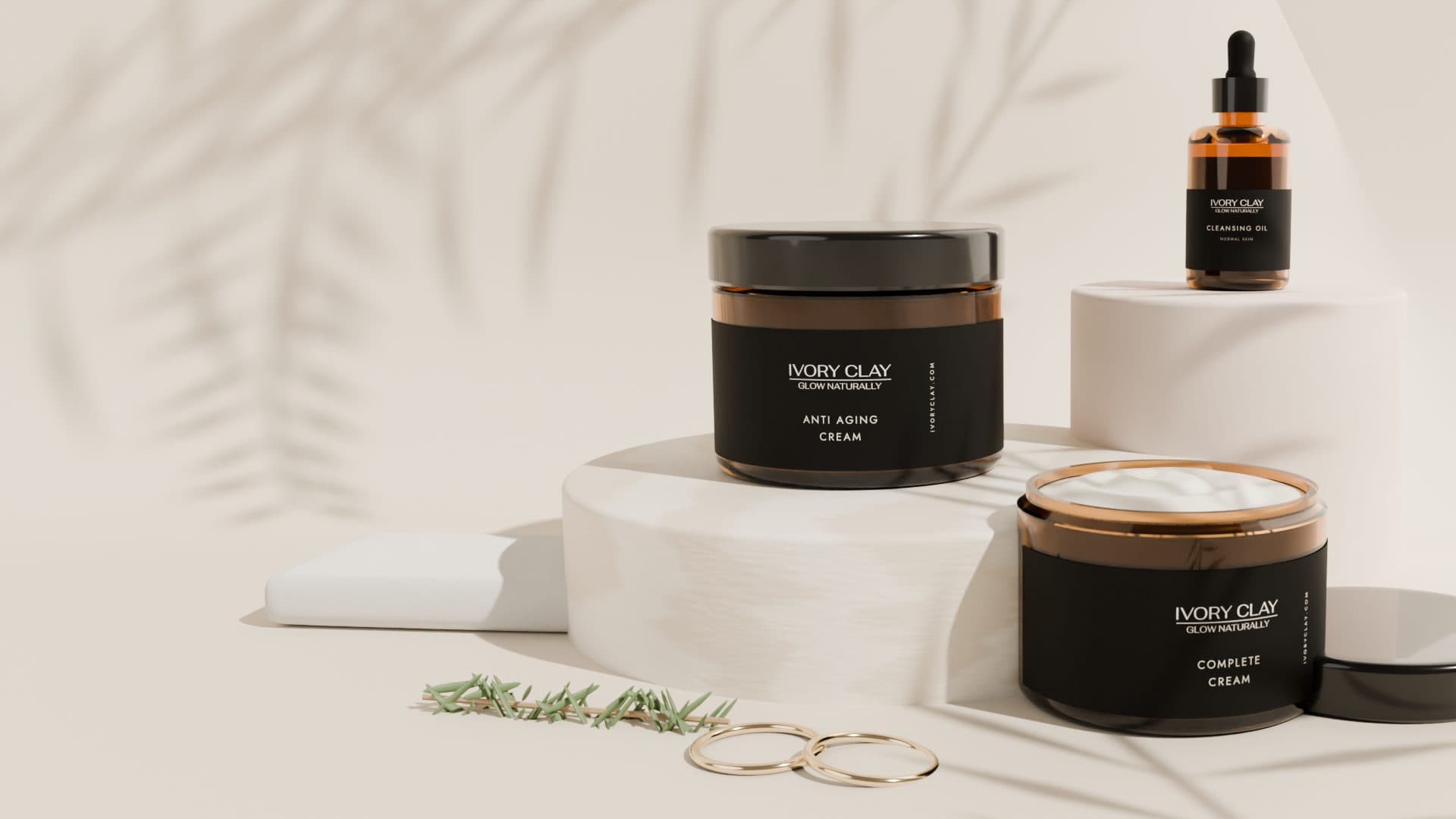 Ivory Clay tallow creams on travertine with soft palm shadows